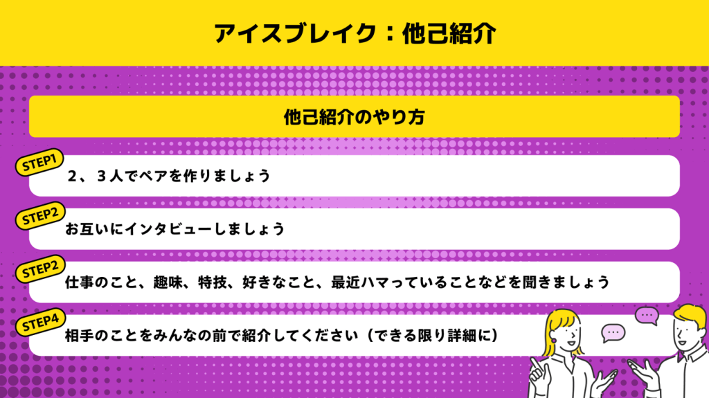 合同ワークショップのアイスブレイクで実施した他己紹介の資料画像